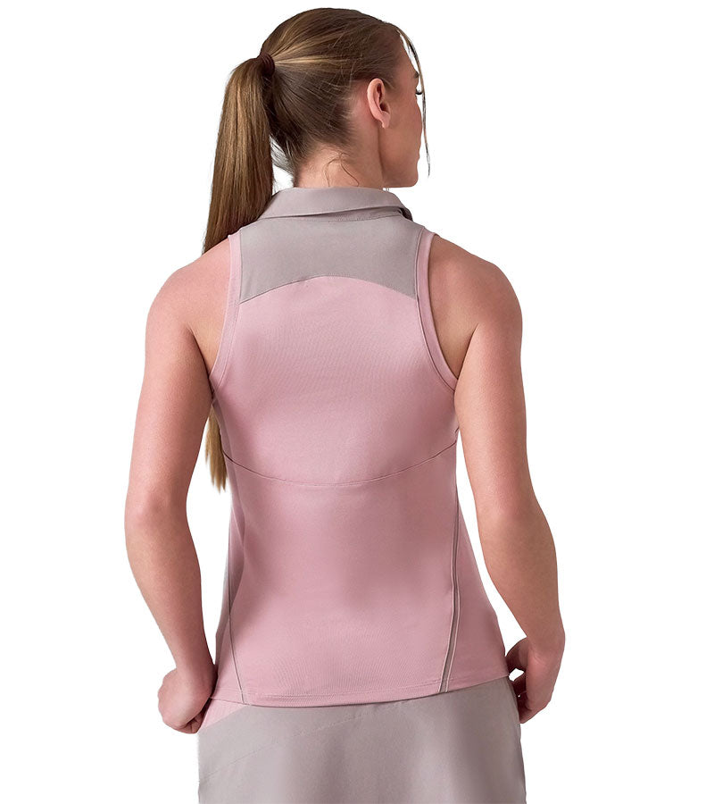 Inphorm MAI Womens Sleeveless Golf Polo w/ Razor Back - partial models in Dusty Pink /Latte back view