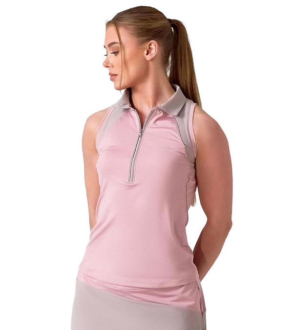 Inphorm MAI Womens Sleeveless Golf Polo w/ Razor Back - partial models in Dusty Pink /Latte front view hands behind back