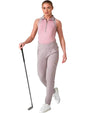 Inphorm MAI Womens Sleeveless Golf Polo w/ Razor Back - model with club in Dusty Pink /Latte front view