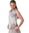 Inphorm MAI Womens Sleeveless Golf Polo w/ Razor Back - partial model in Latte Print - 3quarter/ front view