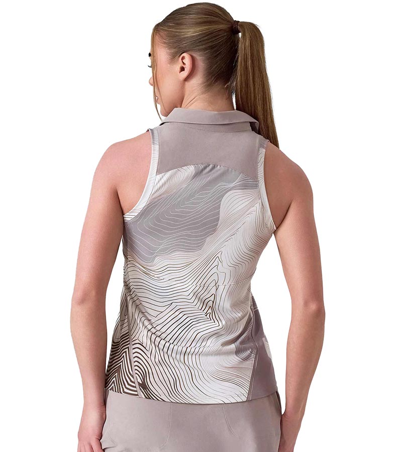 Inphorm MAI Womens Sleeveless Golf Polo w/ Razor Back - partial model in Latte Print -back view