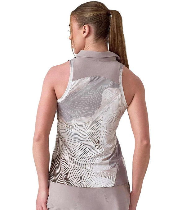 Inphorm MAI Womens Sleeveless Golf Polo w/ Razor Back - partial model in Latte Print -back view