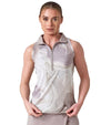 Inphorm MAI Womens Sleeveless Golf Polo w/ Razor Back - partial model in Latte Print - front view