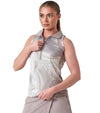 Inphorm MAI Womens Sleeveless Golf Polo w/ Razor Back - partial model in Latte Print - front view zippering up