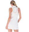 Inphorm Neisha Sleeveless Golf Dress in White with ruffled hem-back view with sheer mesh back panels