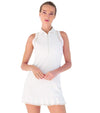 Inphorm Neisha Sleeveless Golf Dress with collar, ruffled hem, and zippered front in White - front view