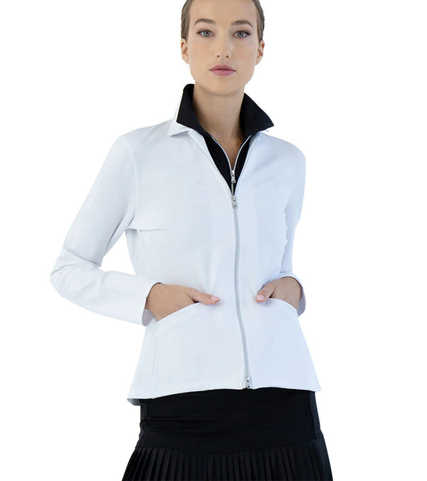 Inphorm Women's Active Golf Jacket in white - front view hands in pockets