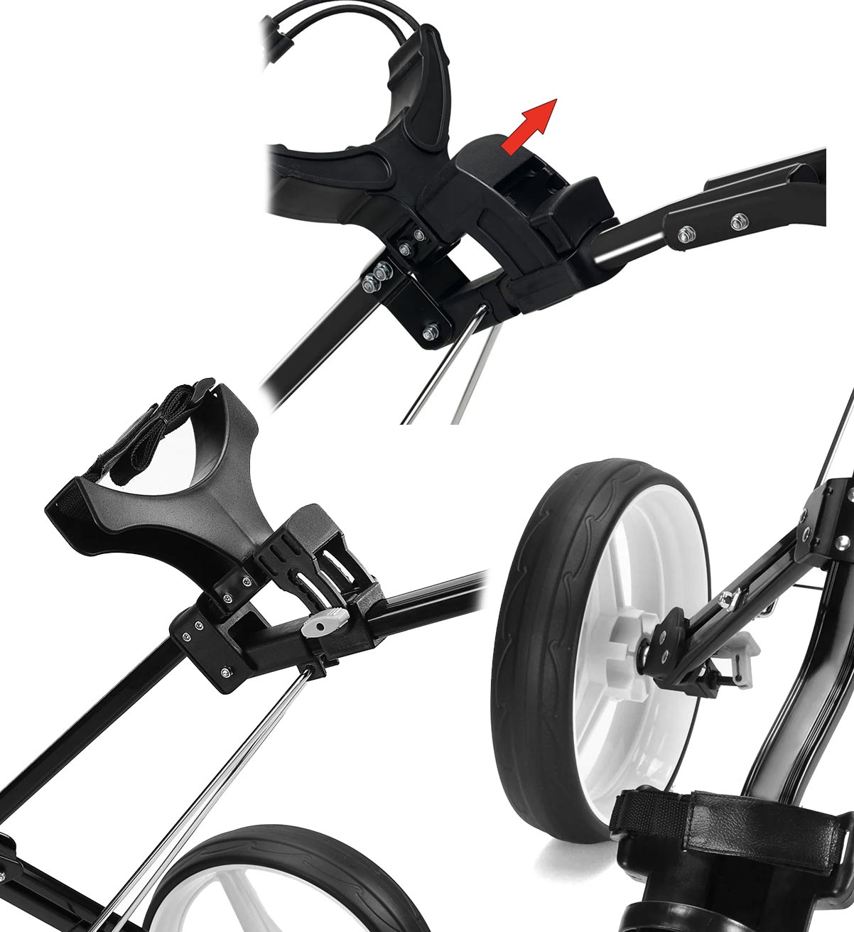JEF World of Golf Navigator 3-Wheeled Push Cart - details of wheels & how bag is attached