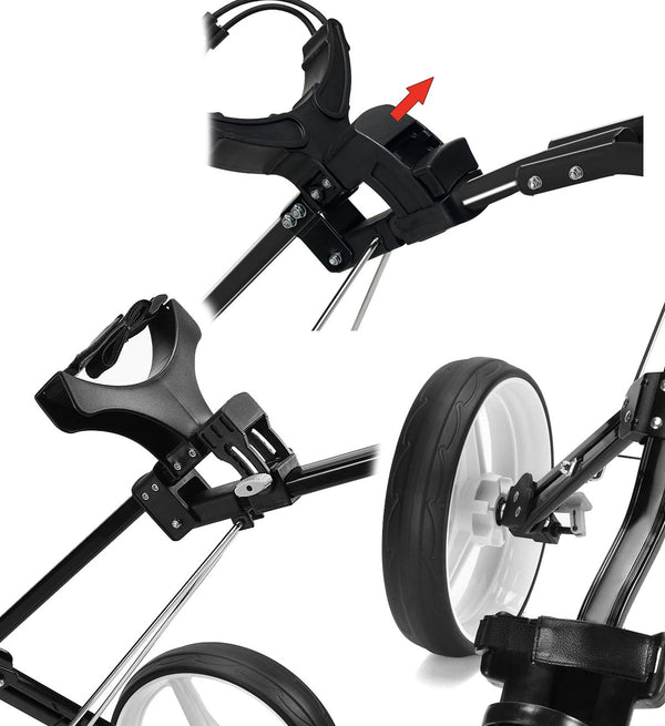 JEF World of Golf Navigator 3-Wheeled Push Cart - details of wheels & how bag is attached