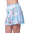 Lucky in Love Linen Nouveau Golf Skort in Periwinkle and pink art graphic resort print - partial model- side view.