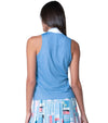 Lucky in Love Linen Streak Tank Sleeveless Womens Golf Shirt in perwinkle- partial model- back view