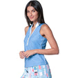 Lucky in Love Linen Streak Tank Sleeveless Womens Golf Shirt in perwinkle- partial model- 3 quarter view