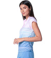 Lucky in Love Linen Vision Ruche Women's Golf Shirt with Short Sleeve in a periwinkle to pink ombre- partial model -side view
