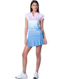 Lucky in Love Linen Vision Ruche Women's Golf Shirt with Short Sleeve in a periwinkle to pink ombre- full model -front view