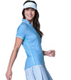 Lucky in Love Linen Notched Collar Womens Golf Polo in periwinkle - partial model side view