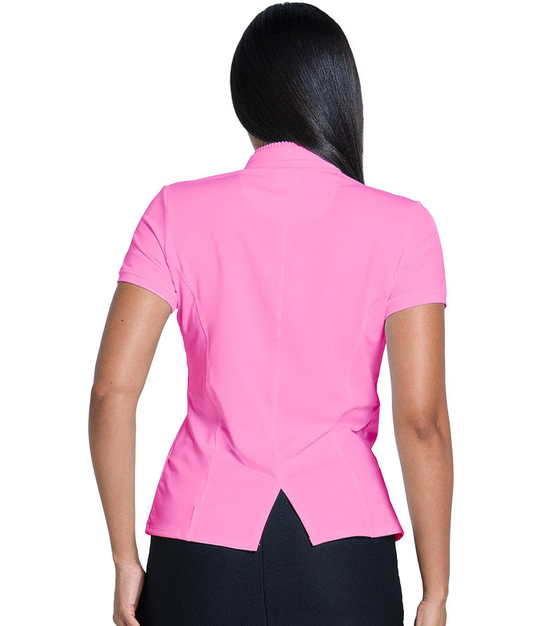 Lucky in Love Pleated Placket Women's Golf Shirt Short Sleeve in pink -partial model back view