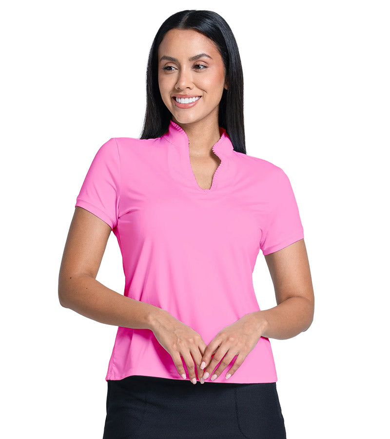 Lucky in Love Pleated Placket Women's Golf Shirt Short Sleeve in pink -partial model front view