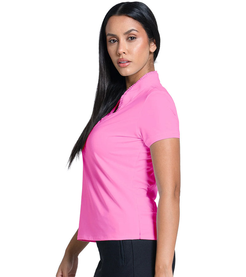Lucky in Love Pleated Placket Women's Golf Shirt Short Sleeve in pink -partial model side view