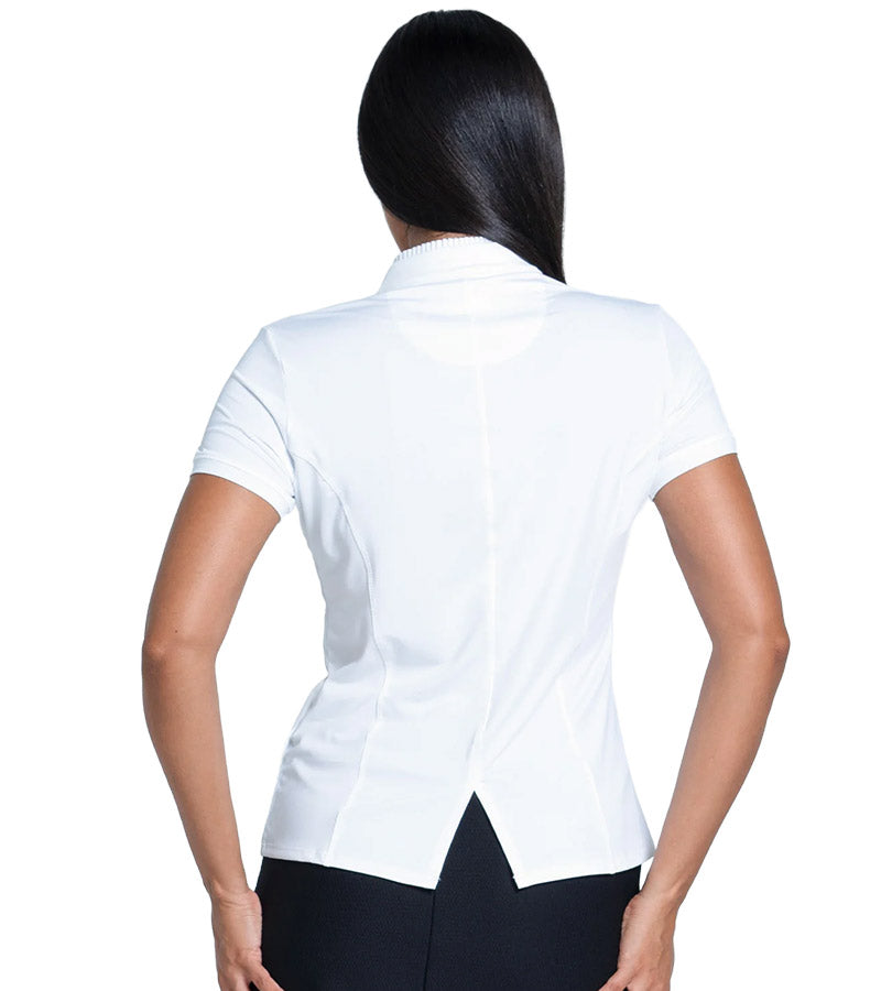 Lucky in Love Pleated Placket Women's Golf Shirt Short Sleeve in white -partial model back view
