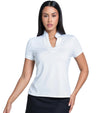 Lucky in Love Pleated Placket Women's Golf Shirt Short Sleeve in white -partial model front view