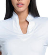Lucky in Love Pleated Placket Women's Golf Shirt Short Sleeve in white -partial model closeup of pleated collar placket