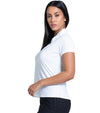 Lucky in Love Pleated Placket Women's Golf Shirt Short Sleeve in white -partial model side view