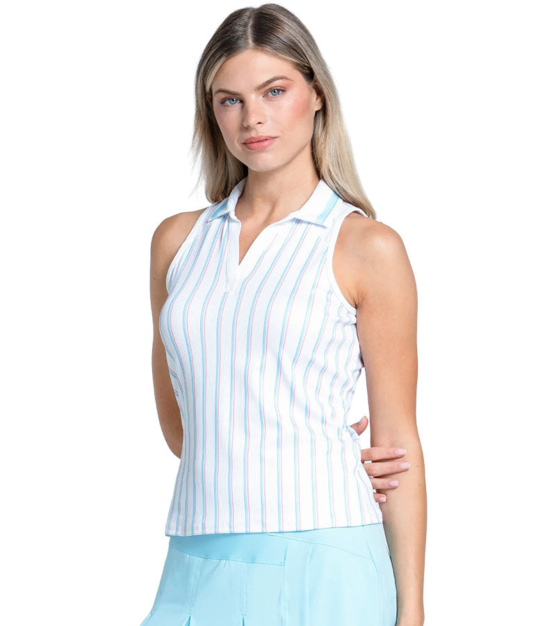 Lucky in Love Retro Stripe Women's Golf Polo-Sleeveless in white with a pastel stripe - partial model in a 3 quarter view
