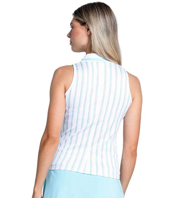 Lucky in Love Retro Stripe Women's Golf Polo-Sleeveless in white with a pastel stripe - partial model in a back view