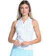 Lucky in Love Retro Stripe Women's Golf Polo-Sleeveless in white with a pastel stripe - partial model in a front view