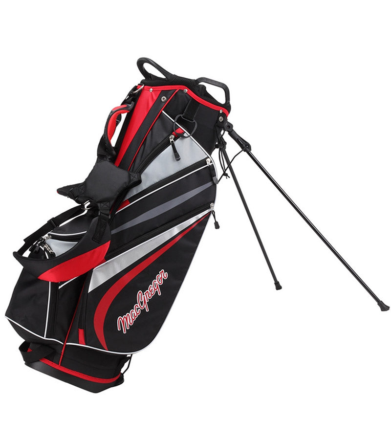 MacGregor Golf DCT4000 Mens Golf Clubs Set - bag with legs extended in a black with red and silver details color scheme.