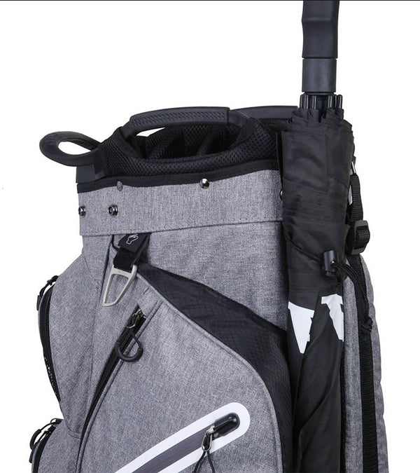 MacGregor Golf Mac 2.0 Heather Cart Bag in heather gray with black and white details -top-side with umbrella