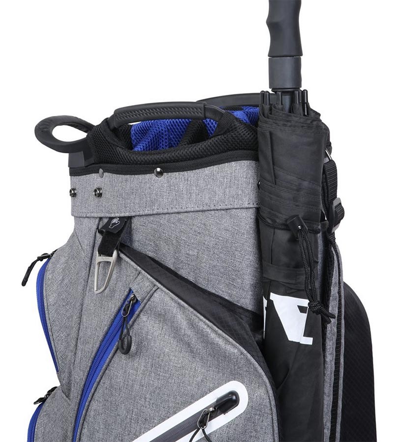 MacGregor Golf Mac 2.0 Heather Cart Bag in heather gray with black, blue and white details -detail top- side with umbrella