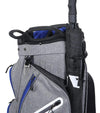 MacGregor Golf Mac 2.0 Heather Cart Bag in heather gray with black, blue and white details -detail top- side with umbrella