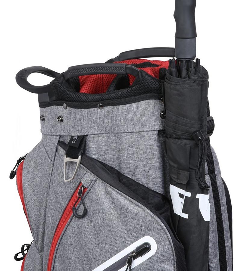 MacGregor Golf Mac 2.0 Heather Cart Bag in heather gray with black, red and white details -detail top- side with umbrella