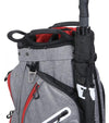 MacGregor Golf Mac 2.0 Heather Cart Bag in heather gray with black, red and white details -detail top- side with umbrella