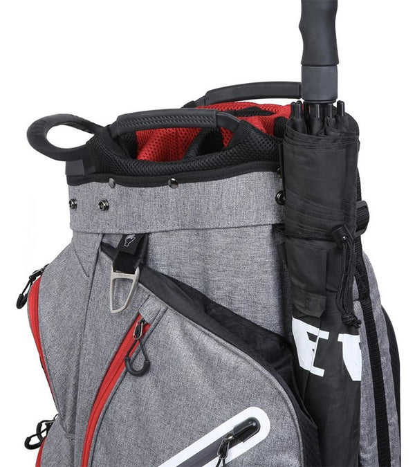 MacGregor Golf Mac 2.0 Heather Cart Bag in heather gray with black, red and white details -detail top- side with umbrella