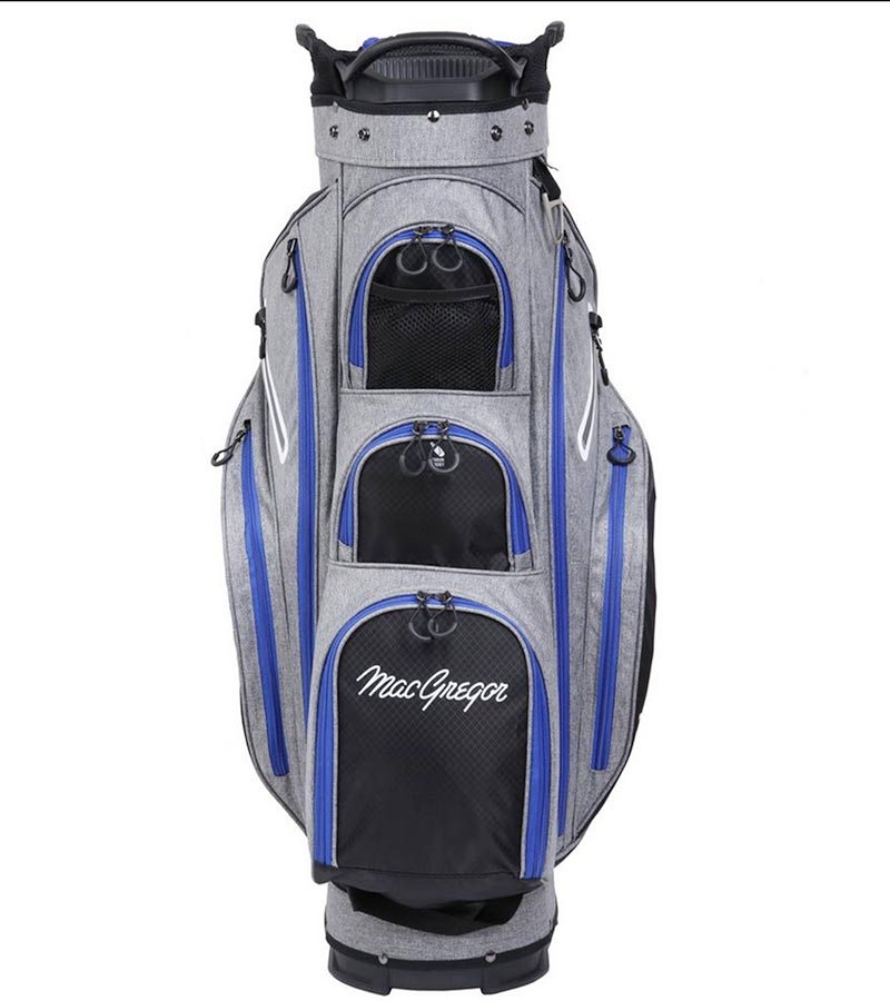 MacGregor Golf Mac 2.0 Heather Cart Bag in heather gray with black and blue details -front view