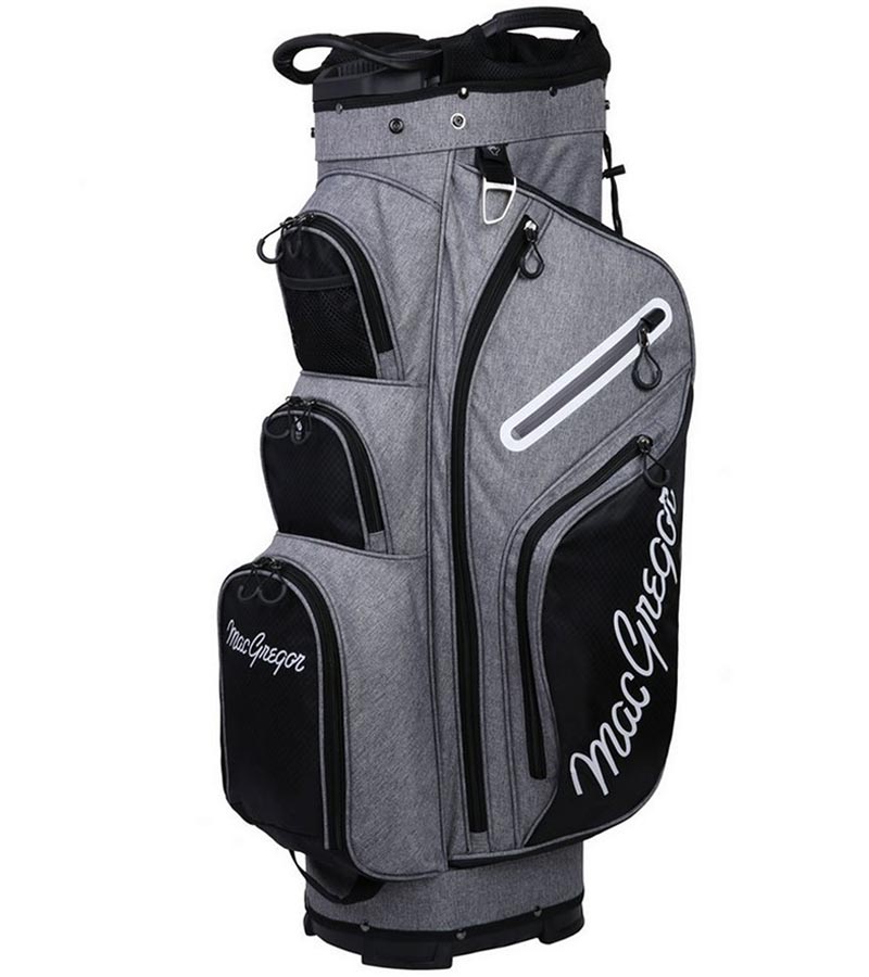 MacGregor Golf Mac 2.0 Heather Cart Bag in heather gray with black and white details -side1 view