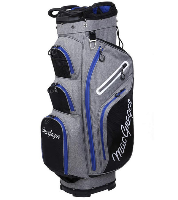 MacGregor Golf Mac 2.0 Heather Cart Bag in heather gray with black and blue details -side2 view