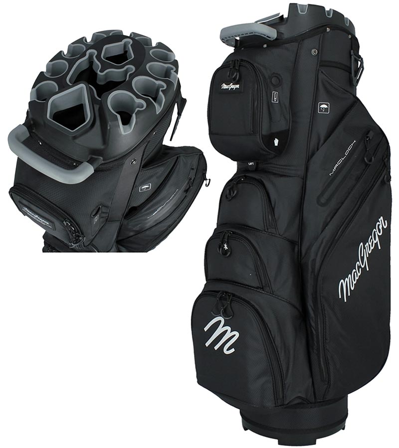 MacGregor MACLOCK Ultimate Divider System Golf Cart Bag - in all Black
 with bag and close-up of the top with 14-way divider system.