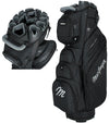 MacGregor MACLOCK Ultimate Divider System Golf Cart Bag - in all Black
 with bag and close-up of the top with 14-way divider system.