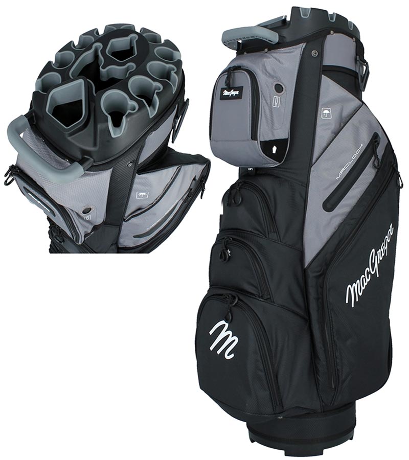 MacGregor MACLOCK Ultimate Divider System Golf Cart Bag - in Black/Grey 
 with bag and close-up of the top with 14-way divider system.