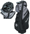 MacGregor MACLOCK Ultimate Divider System Golf Cart Bag - in Black/Grey 
 with bag and close-up of the top with 14-way divider system.