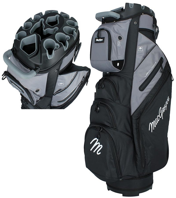 MacGregor MACLOCK Ultimate Divider System Golf Cart Bag - in Black/Grey 
 with bag and close-up of the top with 14-way divider system.