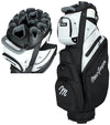 MacGregor MACLOCK Ultimate Divider System Golf Cart Bag - in Black/White
 with bag and close-up of the top with 14-way divider system.