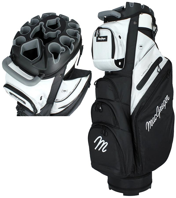 MacGregor MACLOCK Ultimate Divider System Golf Cart Bag - in Black/White
 with bag and close-up of the top with 14-way divider system.