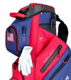 MacGregor MACLOCK Ultimate Divider System Golf Cart Bag - in patriotic red and blue with black accents and white lettering -detail of  side pockets and golf glove