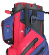 MacGregor MACLOCK Ultimate Divider System Golf Cart Bag - in patriotic red and blue with black accents and white lettering -detail of umbrella slot pocket