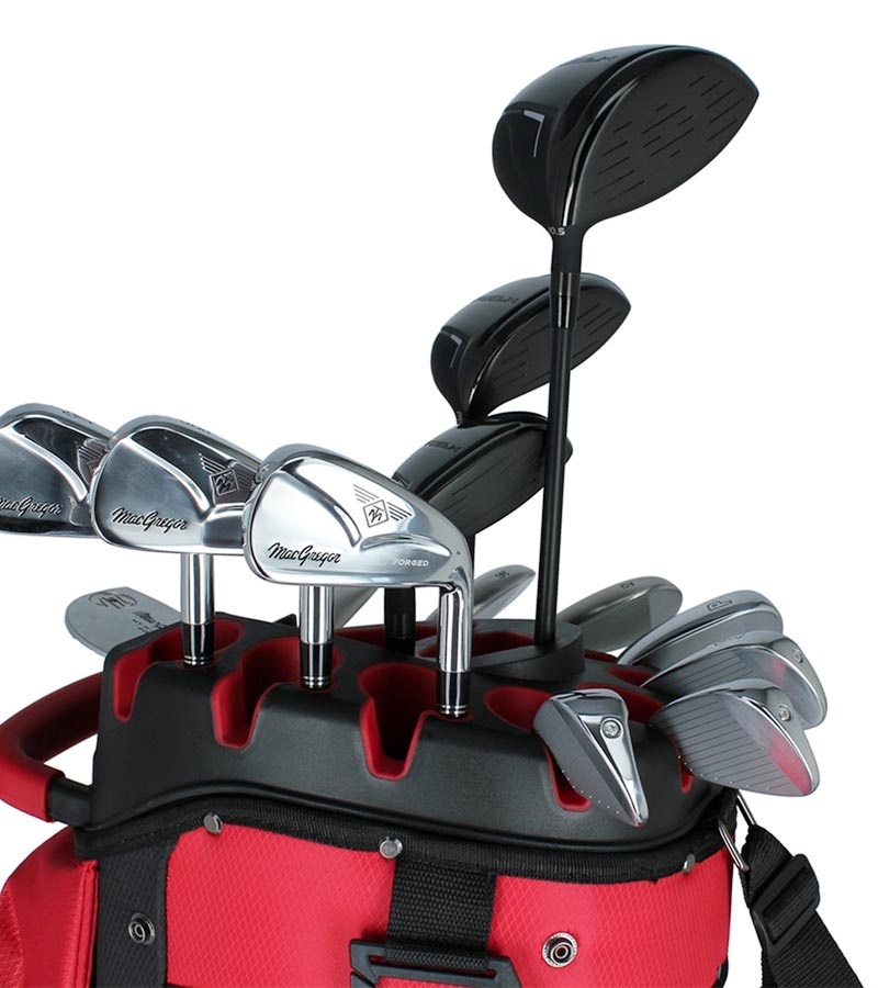 MacGregor MACLOCK Ultimate Divider System Golf Cart Bag - in Black/Red with details of top with all clubs