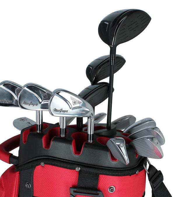 MacGregor MACLOCK Ultimate Divider System Golf Cart Bag - in Black/Red with details of top with all clubs